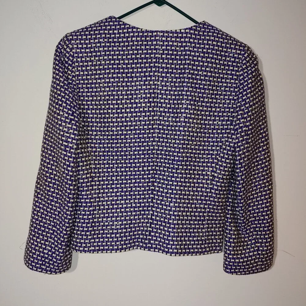 J Crew Navy 3/4 Sleeve Cropped Silk Blend Tweed Blazer Jacket Size 4